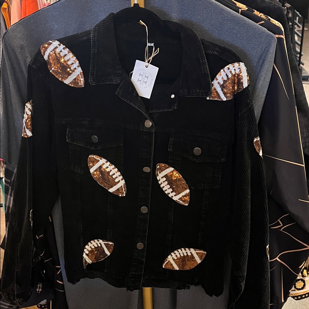 Black Corduroy Jacket with Sequin Football Appliqués